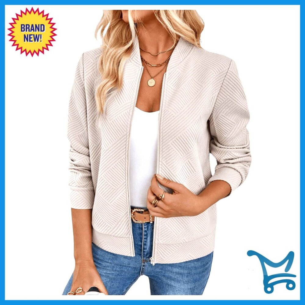 Textured Zip Up Bomber Jacket Casual Lightweight Coat Business Chic Spring Fall